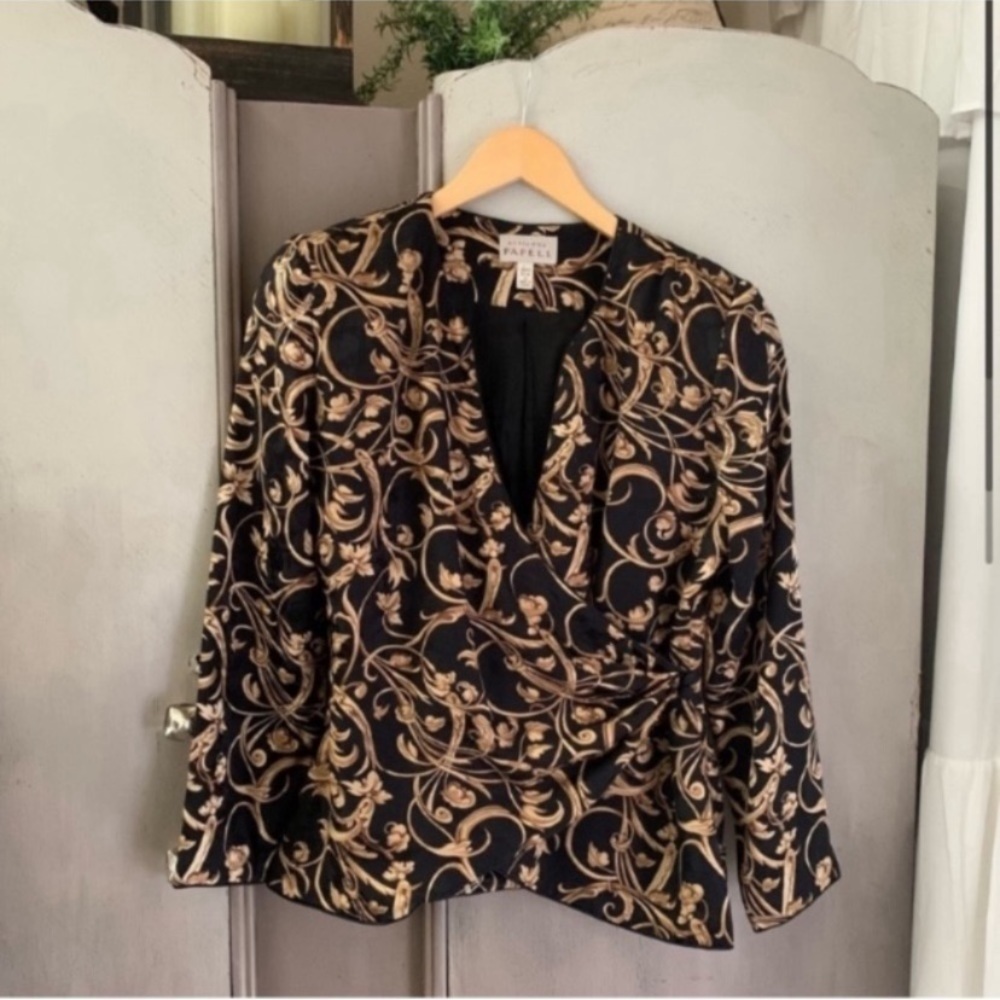 Adrianna Papell 100% Silk Art Print Button Wrap Jacket